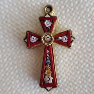 ITALIAN. Micro Mosaic Red and Gold Cross Pendant